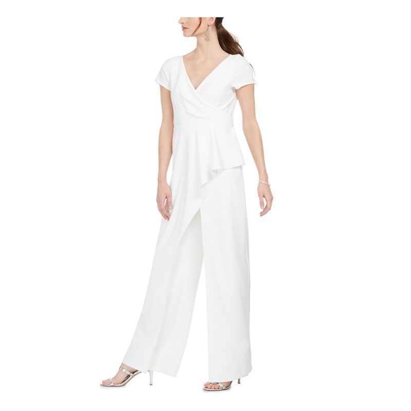 Nwt Adrianna Papell Womens Ivory Short Sleeve V Neck Wide Leg Jumpsuit 4